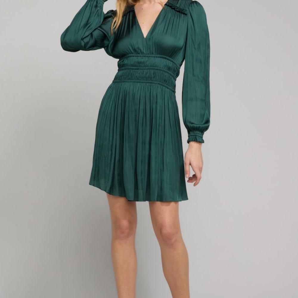 Maje Green Fit and Flare Midi Dress with V-Neck